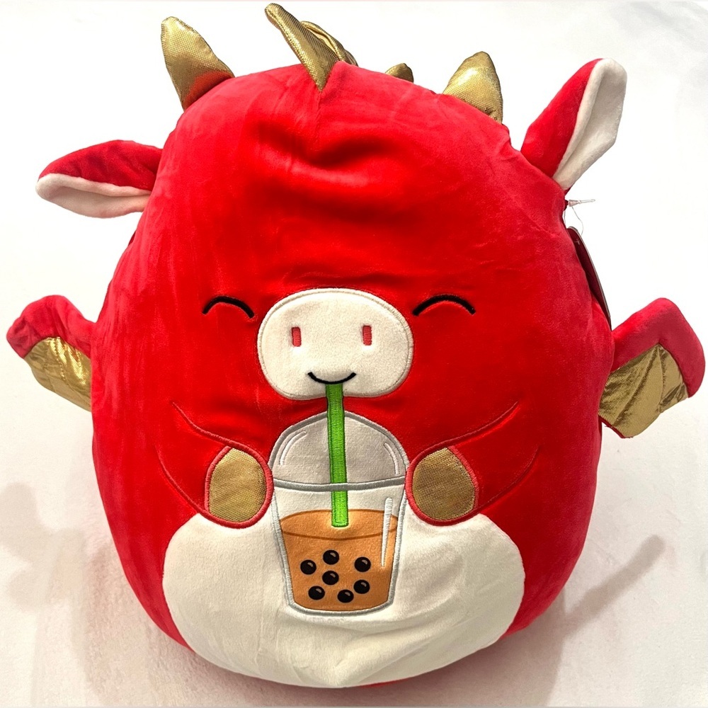 Squishmallows Baiden Red Dragon Plush Gold Accents with Boba Drink NWT